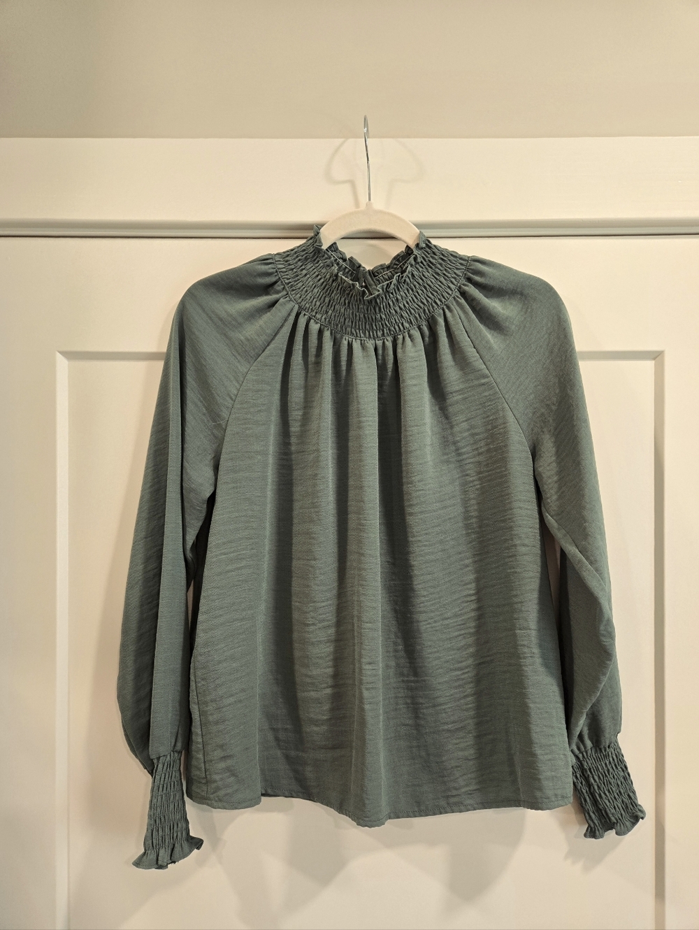 Nine West Smocked Neck Long-Sleeve Top in Sage Green